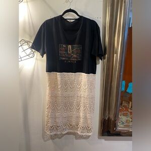 OOAK Upcycled Alaska top crocheted skirt Black and Cream Graphic Lace Dress